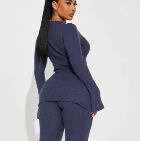 NWT | Fashion Nova | Clarissa "Off-Duty" Cozy Lounge Set Blue M Wide Leg Pant - Picture 7 of 8